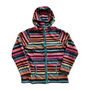 Lands' End Zip Up Hoodie Jacket‎ Gorpcore Active Striped Fleece Girls' M 10/12